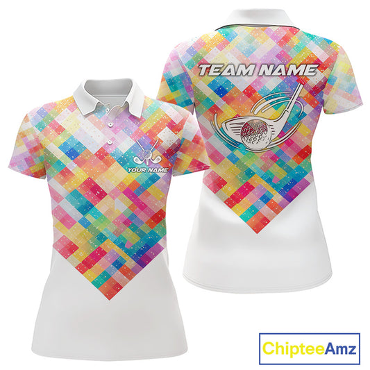 Geometric Pink Womens Golf Polo Shirts Custom Name Golf Shirts For Ladies Personalized Golf Gifts NHN0089