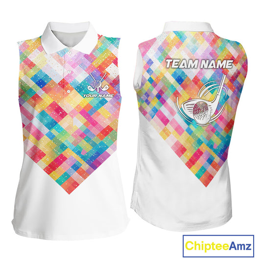 Geometric Pink Womens Sleeveless Golf Polo Shirt Custom Name Golf Shirts For Ladies, Golf Gifts NHN0089