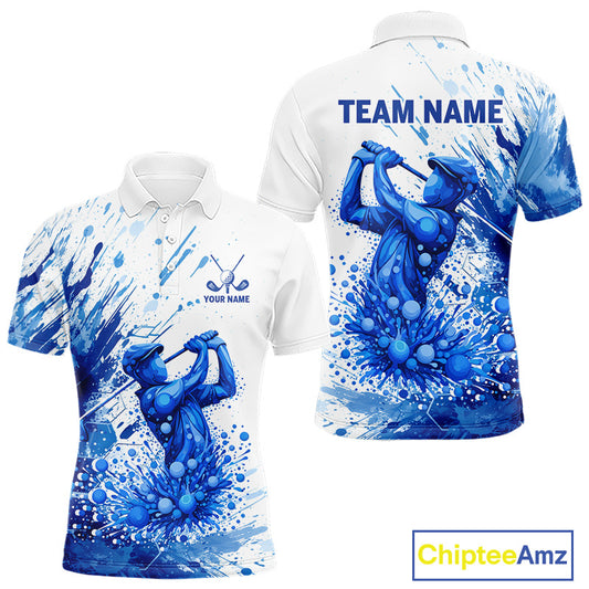 Golf Polo Shirts, Mens Golf Polo Shirts Blue Painting Golfer Custom Name Team Golf Shirt, Golf Gifts NHN0090