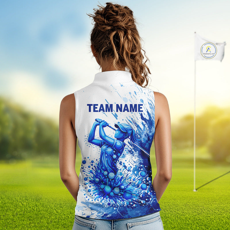 Golf Polo Shirts, Womens Sleeveless Golf Polo Shirt Blue Painting Golfer Custom Team Golf Shirt NHN0090