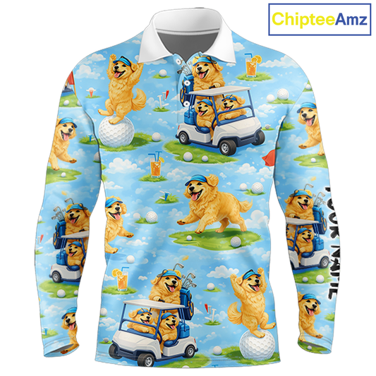 Long Sleeve Golf Polo Shirt Custom Funny Golden Retriever Blue Pattern Team Golf Tops, Dog Lover Gift NHN0225