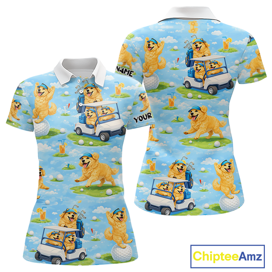 Womens Golf Polo Shirt Custom Funny Golden Retriever Blue Pattern Team Golf Tops, Dog Lover Gift NHN0225