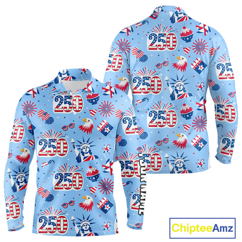 America 250th Anniversary Long Sleeve Golf Polo Shirt For Men, Patriotic USA Golf Shirts, Golf Gift NHN0232