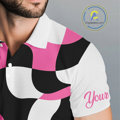 Mens Golf Polo Shirt Custom Pink Checkerboard Argyle Pattern Golf Attire For Men, Golf Gifts NHN0124