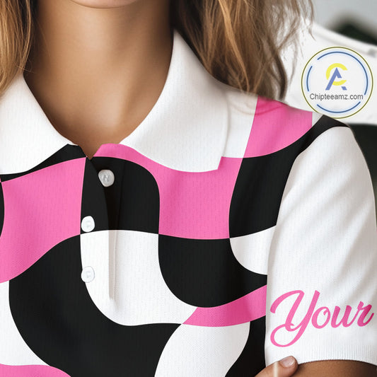 Womens Golf Polo Shirt Custom Pink Checkerboard Argyle Pattern Golf Attire For Ladies, Golf Gifts NHN0124