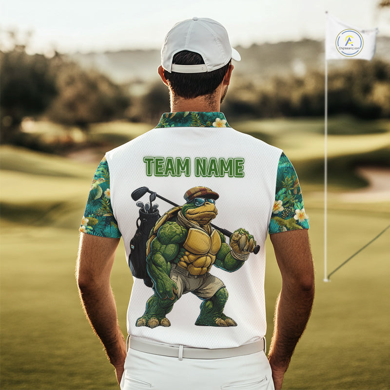 Funny Mens Golf Polo Shirt Custom Green Tropical Leaf Pattern Personalized Turtle Golf Shirts For Men NHN0003