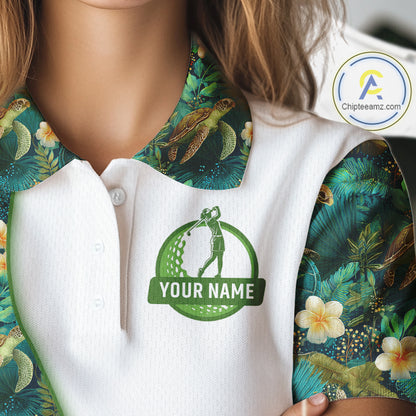 Funny Womens Golf Polo Shirt Custom Green Tropical Leaf Pattern Personalized Turtle Golf Shirts For Women NHN0003