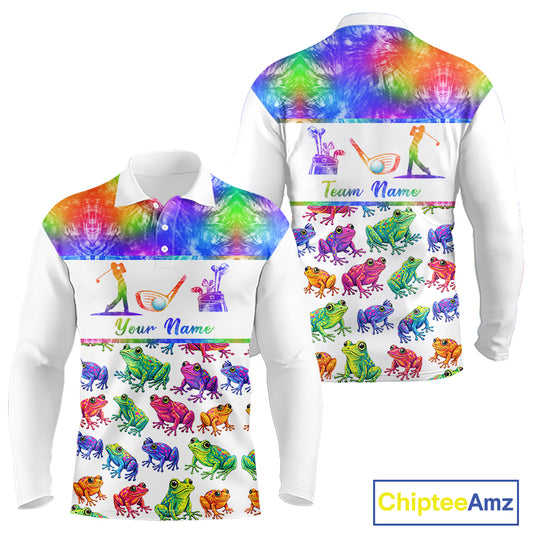 Funny Tie Dye Frog Pattern Long Sleeve Golf Polo Shirt Custom Watercolor Golf Attire For Men, Golf Gifts NHN0135