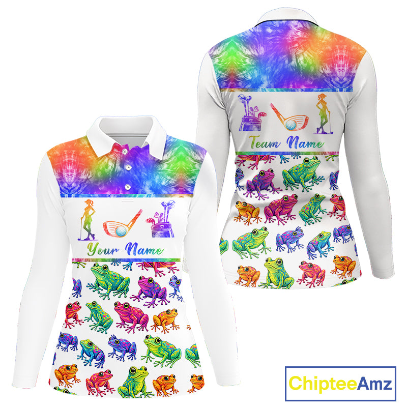 Funny Tie Dye Frog Pattern Womens Long Sleeve Golf Polo Shirt Custom Watercolor Golf Attire For Ladies NHN0135
