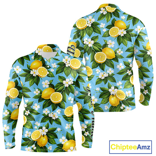 Funny Long Sleeve Golf Polo Shirt Custom Blue Lemon Tree Pattern Golf Top For Men, Golf Gifts NHN0142
