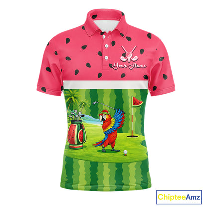 Funny Mens Golf Polo Shirt Custom Watermelon Tropical Pattern, Parrot Golf Shirts For Team NHN0183