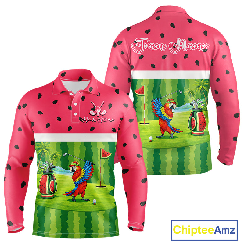Funny Long Sleeve Golf Polo Shirt Custom Watermelon Tropical, Parrot Golf Shirts For Team NHN0183
