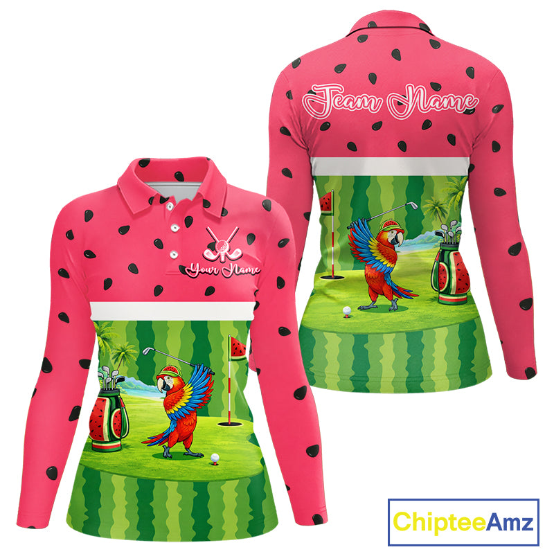 Funny Womens Long Sleeve Golf Polo Shirt Custom Watermelon Tropical, Parrot Golf Shirts For Team NHN0183