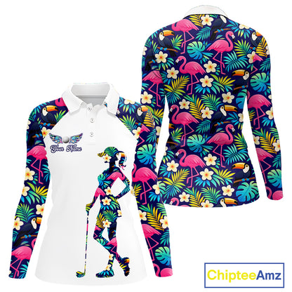 Womens Long Sleeve Golf Polo Shirt Custom Tropical Pattern, Flamingo Golf Shirts For Ladies NHN0099