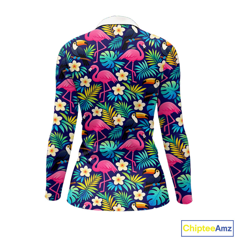 Womens Long Sleeve Golf Polo Shirt Custom Tropical Pattern, Flamingo Golf Shirts For Ladies NHN0099