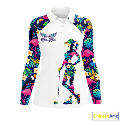 Womens Long Sleeve Golf Polo Shirt Custom Tropical Pattern, Flamingo Golf Shirts For Ladies NHN0099
