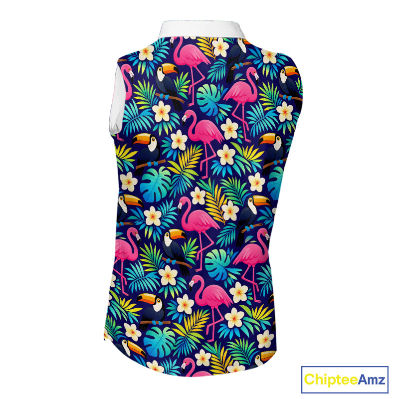 Funny Womens Sleeveless Golf Polo Shirt Custom Tropical Pattern, Flamingo Golf Shirts For Ladies NHN0099