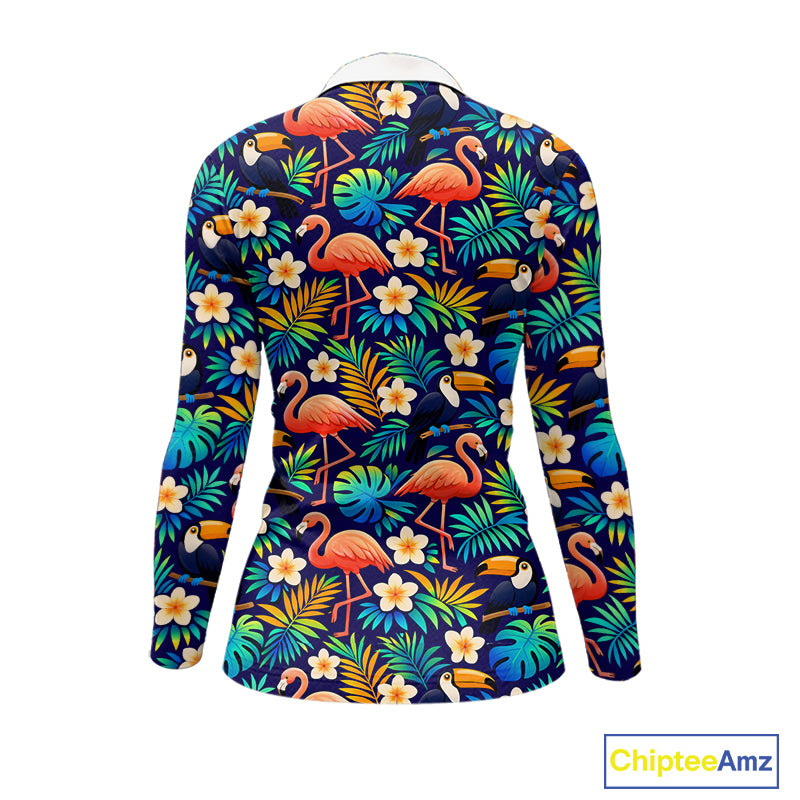 Funny Womens Long Sleeve Golf Polo Shirt Custom Toucan Tropical Pattern, Flamingo Golf ShirtsNHN0099
