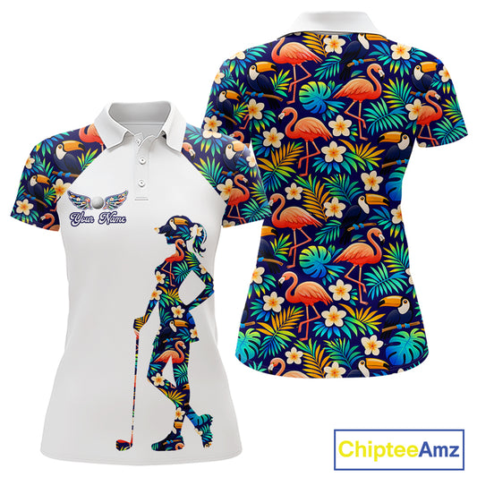 Funny Womens Golf Polo Shirt Custom Toucan Tropical Pattern, Flamingo Golf Shirts For LadiesNHN0099