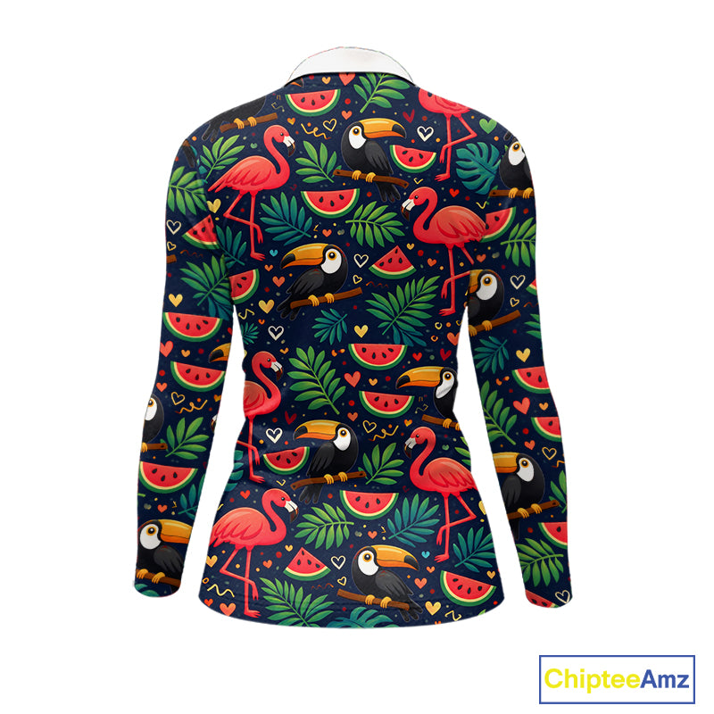Funny Womens Long Sleeve Golf Polo Shirt Custom Floral Tropical Pattern, Flamingo Golf Shirts NHN0099