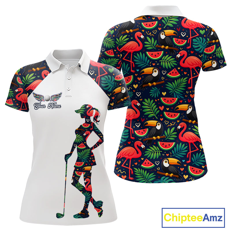 Funny Womens Golf Polo Shirt Custom Tropical Summer Pattern, Flamingo Golf Shirts For Ladies NHN0099