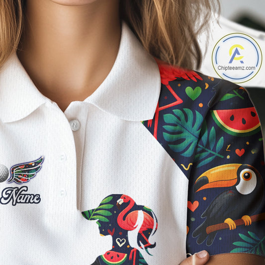 Funny Womens Golf Polo Shirt Custom Tropical Summer Pattern, Flamingo Golf Shirts For Ladies NHN0099