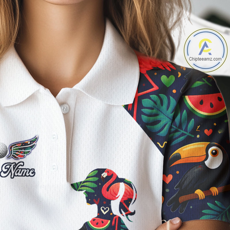 Funny Womens Golf Polo Shirt Custom Tropical Summer Pattern, Flamingo Golf Shirts For Ladies NHN0099