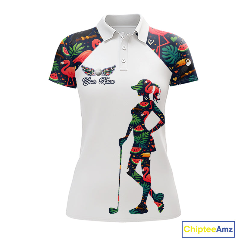 Funny Womens Golf Polo Shirt Custom Tropical Summer Pattern, Flamingo Golf Shirts For Ladies NHN0099