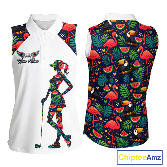 Funny Womens Sleeveless Golf Polo Shirt Custom Tropical Summer Pattern, Flamingo Golf Shirts For Ladies NHN0099