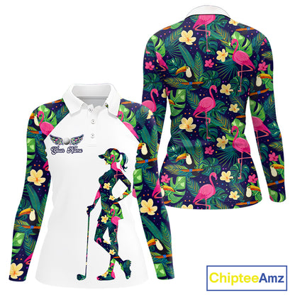 Funny Womens Long Sleeve Golf Polo Shirt Custom Tropical Pattern, Flamingo Golf Shirt For Ladies NHN0099