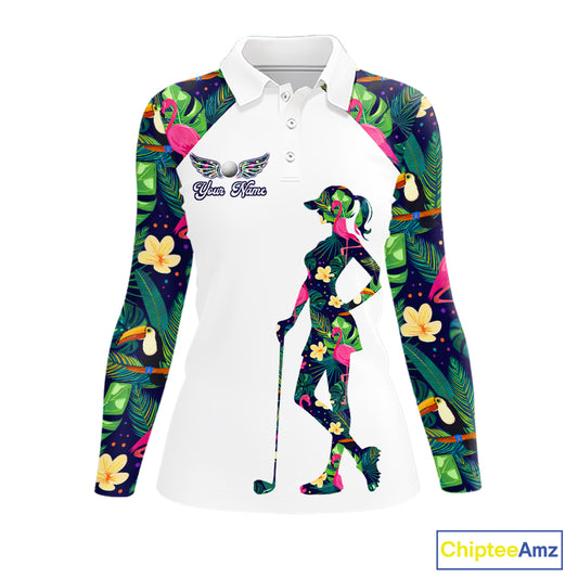 Funny Womens Long Sleeve Golf Polo Shirt Custom Tropical Pattern, Flamingo Golf Shirt For Ladies NHN0099