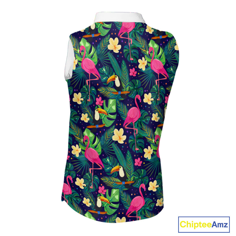 Funny Womens Sleeveless Golf Polo Shirt Custom Tropical Pattern, Flamingo Golf Shirt For Ladies NHN0099