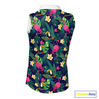 Funny Womens Sleeveless Golf Polo Shirt Custom Tropical Pattern, Flamingo Golf Shirt For Ladies NHN0099