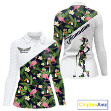 Load image into Gallery viewer, Womens Long Sleeve Golf Polo Shirt Custom Tropical Pattern, Flamingo Golf Shirts For Ladies NHN0192