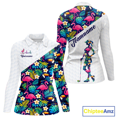 Funny Womens Long Sleeve Golf Polo Shirt Custom Toucan Tropical Pattern, Flamingo Golf Shirts NHN0192
