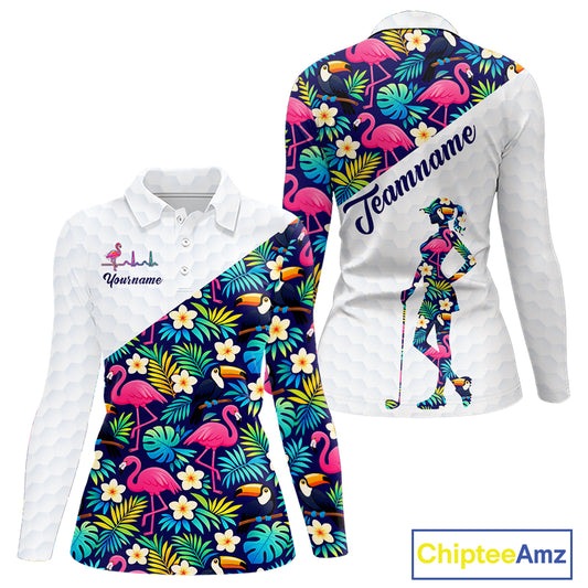Funny Womens Long Sleeve Golf Polo Shirt Custom Toucan Tropical Pattern, Flamingo Golf Shirts NHN0192