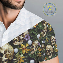 Load image into Gallery viewer, Funny Mens Golf Polo Shirts Custom Green Tropical Leaf Pattern Personalized Skull Golf Shirts For Men NHN0071