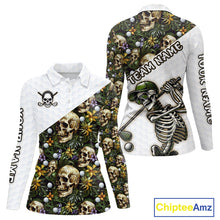 Load image into Gallery viewer, Funny Womens Long Sleeve Golf Shirts Green Tropical Pattern Golf Ball Custom Skull Golf Shirts NHN0071