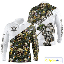 Load image into Gallery viewer, Funny Long Sleeve Golf Polo Shirt Custom Green Tropical Pattern Personalized Skull Golf Shirts For Men NHN0071