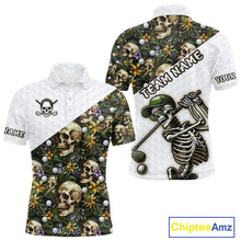 Load image into Gallery viewer, Funny Mens Golf Polo Shirts Custom Green Tropical Leaf Pattern Personalized Skull Golf Shirts For Men NHN0071