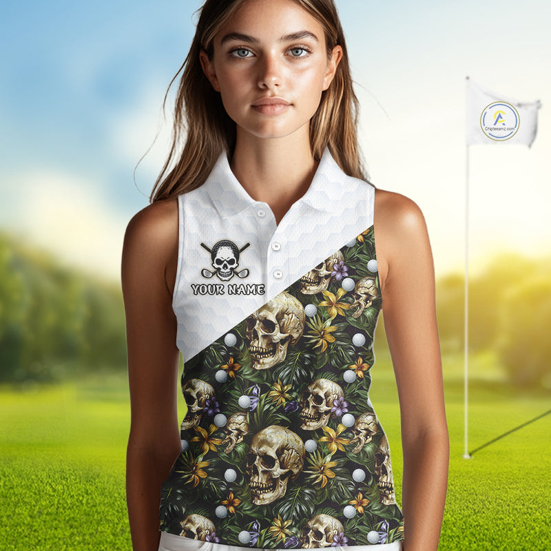 Funny Womens Sleeveless Golf Polo Shirts Custom Green Tropical Pattern Personalized Skull Golf Shirts NHN0071