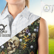 Load image into Gallery viewer, Funny Womens Sleeveless Golf Polo Shirts Custom Green Tropical Pattern Personalized Skull Golf Shirts NHN0071