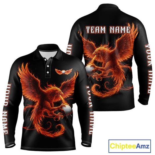 Long Sleeve Golf Polo Shirt Custom Phoenix Red Flame Team Golf Tops, White Golf Outfit For Men NHN0078