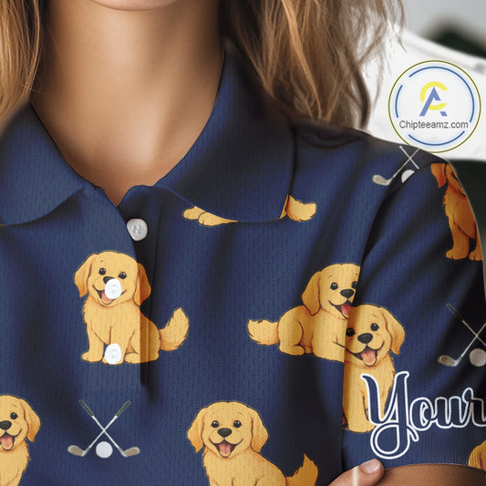 Funny Golden Retriever Womens Golf Polo Shirt Custom Blue Team Ladies Golf Tops, Dog Lover Gift Nhn0214