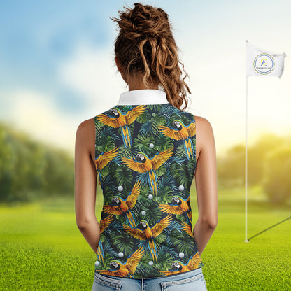 Womens Sleeveless Golf Polo Shirt Custom Colorful Parrots And Floral Tropical Pattern Team Golf Shirts NHN0093