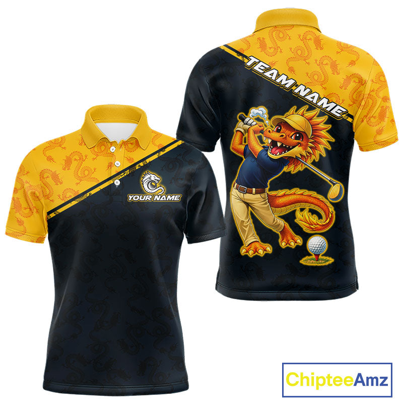 Funny Dragon Mens Golf Polo Shirts Custom Yellow And Blue Dragon Pattern Team Golf Outfits, Golf Gifts NHN0102