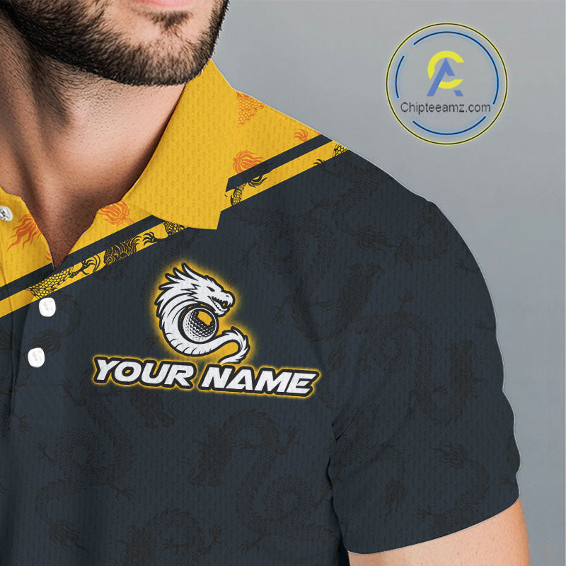 Funny Dragon Mens Golf Polo Shirts Custom Yellow And Blue Dragon Pattern Team Golf Outfits, Golf Gifts NHN0102