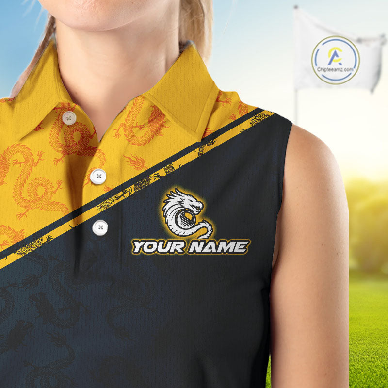 Funny Dragon Womens Sleeveless Golf Polo Shirt Custom Yellow And Blue Team Golf Outfits, Golf Gifts NHN0102