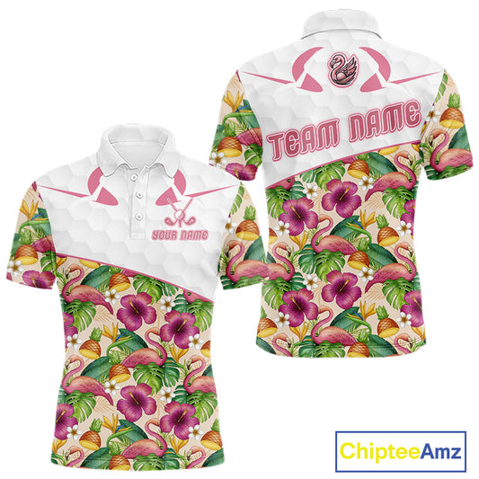 Funny Flamingo Mens Golf Polo Shirt Floral Tropical Custom Pink Golf Shirts Golfer Gift Apparel NHN0107