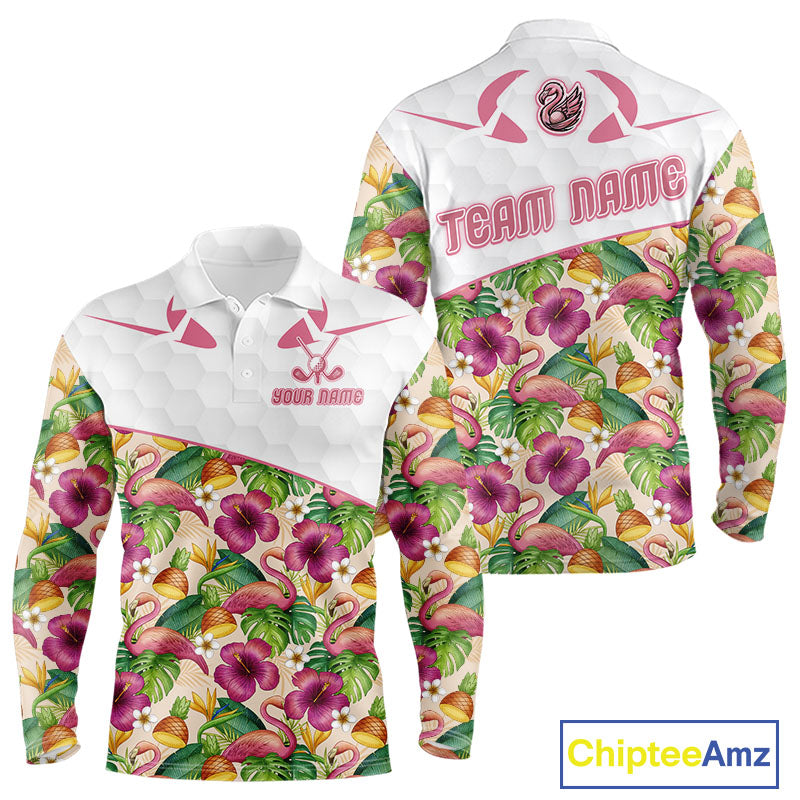 Funny Flamingo Long Sleeve Golf Polo Shirt Floral Tropical Custom Pink Golf Shirts Golfer Gift Apparel NHN0107